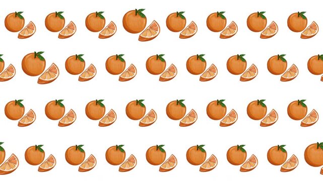 A lively motion graphic showcasing a dense, alternating pattern of watercolor whole and half orange slices, emphasizing energy and natural ingredients for kitchen displays.