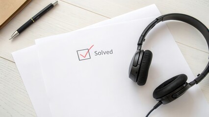 Headset resting on paper with a checkmark showing the solved question