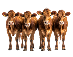 A line of five brown cows with ear tags against a dark background