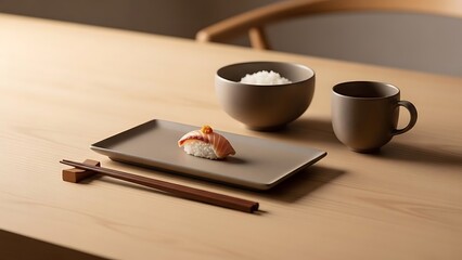 Elegant Sushi Nigiri on Plate with Chopsticks and Tea Set Still Life