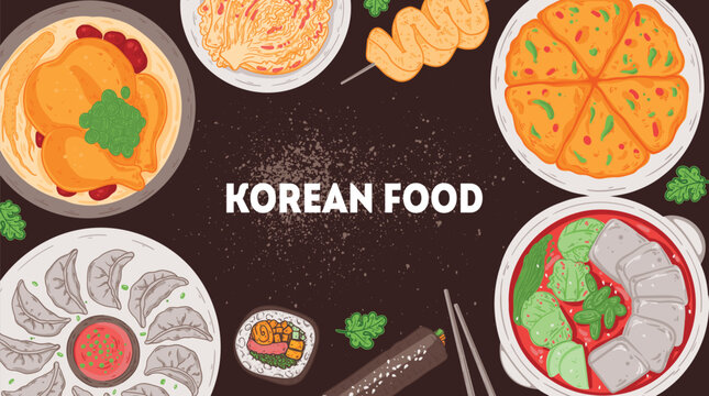 Korean food vector drawing. Top view Korean food dishes vector illustration. Flat style. Samgyetang, mandu, kimbap, jjigae, pajeon, kimchi, odeng