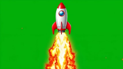 A cartoon rocket ship with red and white colors blasting off with flames against a green screen. - Powered by Adobe