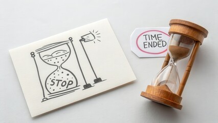 Hourglass and Card Showing Time Ended Concept