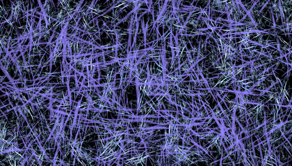 Abstract textured fluffy background with white thin and long purple stripes overlaid on a black background. Space for your design. Illustration.