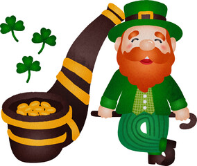 Cartoon Leprechaun with Gold Pot for St. Patrick's Illustration Watercolor Hand Drawn Style
