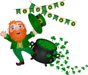 Leprechaun Celebrating St. Patrick's Day with Gold Illustration Watercolor Hand Drawn Style