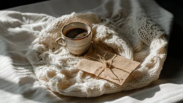 A cozy still life featuring a cup of coffee and a twine-tied envelope on a knit blanket