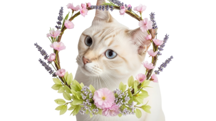 Isolated kitten with flowers in wreath looks through frame, pretty kitty with blue eyes, pets