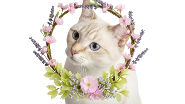 Isolated kitten with flowers in wreath looks through frame, pretty kitty with blue eyes, pets