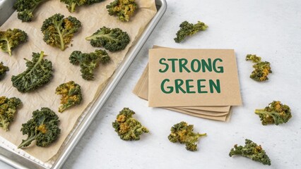 Kale chips arranged on tray next to encouraging note