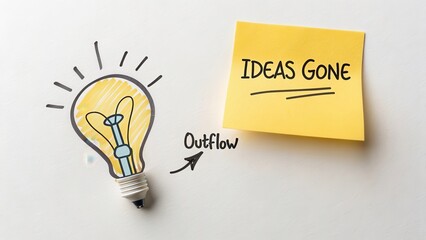Lightbulb drawing with outflow concept and a yellow sticky note