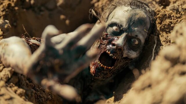 Video A zombie pokes its head out of a hole in the ground, an eerie scene