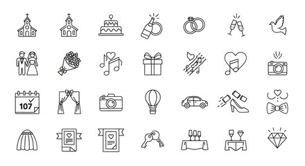 Collection of wedding icons in outline style on white background.