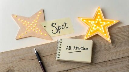 Lit star icons with notes drawing attention on wood surface