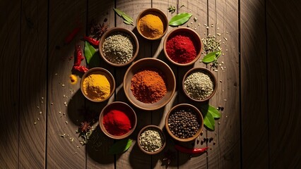 Variety of Spices on Wooden Surface