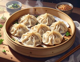 Authentic xiao long bao served in traditional bamboo steamer with dipping sauces