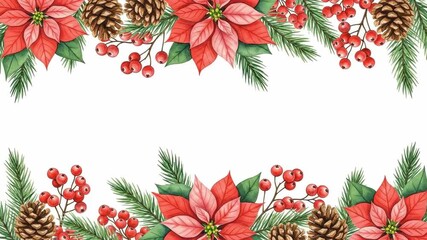 Beautiful Watercolor Christmas Floral Border Featuring Red Poinsettias, Green Pine Needles, and Pine Cones on a White Background, Ideal for Holiday Greetings and Decorations - Powered by Adobe