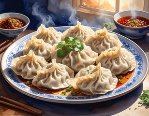 Authentic Cuisine: Steaming Dumplings with Vibrant Garnish and Flavorful Dipping Sauces