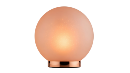Isolated frosted glass ball table lamp radiates an interior light glow on a base with no background