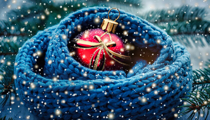 A red Christmas Ball rests in a blue knitted scarf as snow gently falls around it.