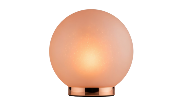 Isolated frosted glass ball table lamp radiates an interior light glow on a base with no background
