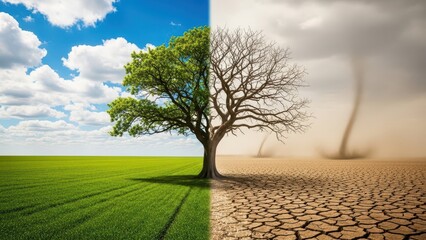 Vibrant green land contrasts dry cracked earth with lone dead tree