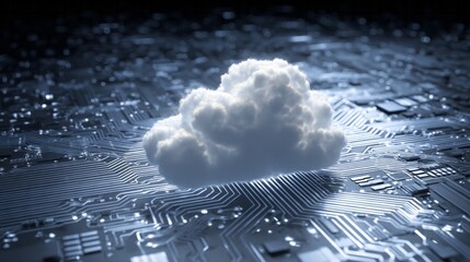 Three dimensional fluffy white cloud hovers above a complex digital circuit board illustration