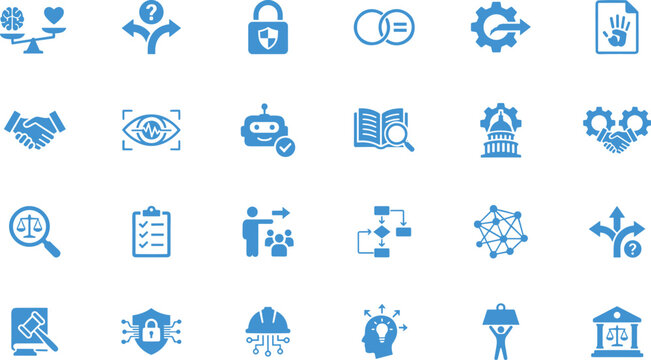 Ethics icons, AI governance, decision-making tools, technology symbols, security visuals, innovation graphics, legal elements, blue theme, digital responsibility, policy interface
