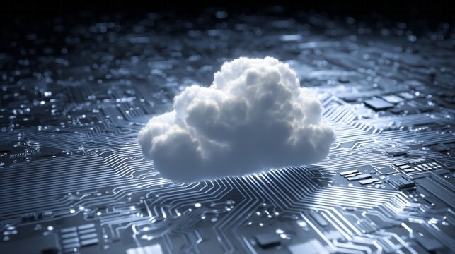 Three dimensional fluffy white cloud hovers above a complex digital circuit board illustration