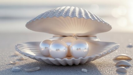 Elegant pearls glistening inside oyster shell on sandy beach background