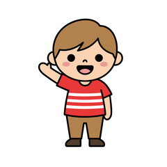 Obraz premium Cute Cartoon Boy With Brown Hair And A Wide Smile Waving His Hand While Wearing A Red And White Striped T Shirt And Brown Shorts Isolated On A Black Background