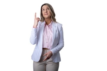 Businesswoman having idea pointing up with eureka moment