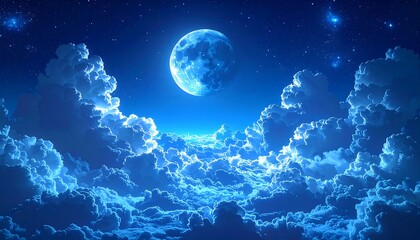 Dreamy nightscape with a luminous moon shining over fluffy clouds, against a deep blue starry sky