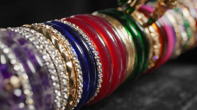 Close up of a colorful collection of bangles with intricate gold and diamond embellishments displayed on a dark surface with a shallow depth of field highlighting the detailed craftsmanship and