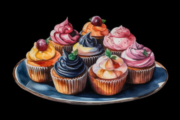 Colorful Cream Cupcakes with Mixed Fruits on Plate Vector Illustration on Black isolated Background
