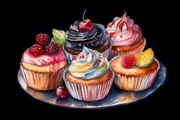 Colorful Cream Cupcakes with Mixed Fruits on Plate Vector Illustration on Black isolated Background