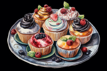 Colorful Cream Cupcakes with Mixed Fruits on Plate Vector Illustration on Black isolated Background
