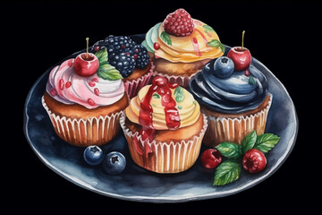 Colorful Cream Cupcakes with Mixed Fruits on Plate Vector Illustration on Black isolated Background