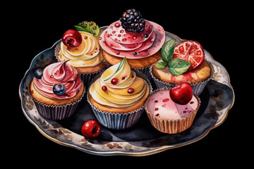 Colorful Cream Cupcakes with Mixed Fruits on Plate Vector Illustration on Black isolated Background