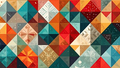 Abstract Geometric Mosaic Pattern with Winter Snowflake Motifs and Warm Colors.