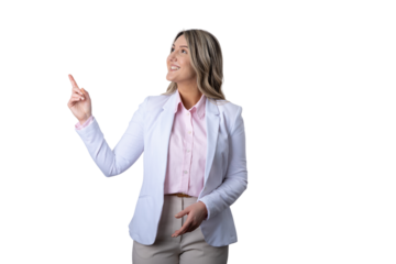 Young businesswoman pointing up and smiling, presenting ideas