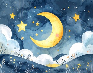 Dreamy night sky watercolor scene with a crescent moon, stars, clouds, and floral elements in blue and yellow tones