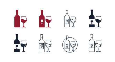 Comprehensive set of eight diverse wine bottle and wine glass icons, presented in various styles from solid to outline.