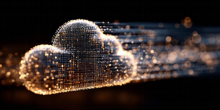 Digital information streams forward from a glowing particle cloud structure against a dark background