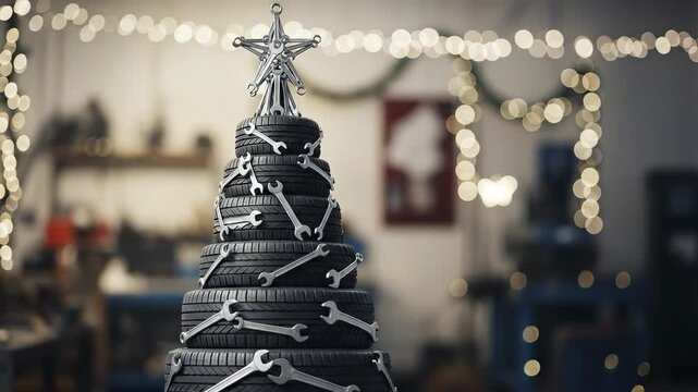A Creative Christmas Tree Made of Tires and Wrenches in a Workshop, Combining Festive Decor with a Mechanic's Touch for a Unique Holiday Celebration