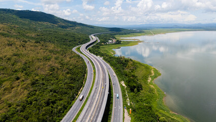 Drone shot The M6 motorway Nakhon Ratchasima Province - Bang Pa-in Lam Ta Khong River and Mountain. Motorway Korat Thailand
