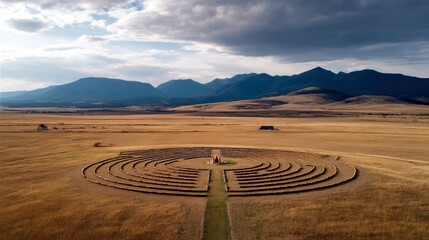 Aerial view of a stone labyrinth in a vast field with mountains in the background under a dramatic cloudy sky.