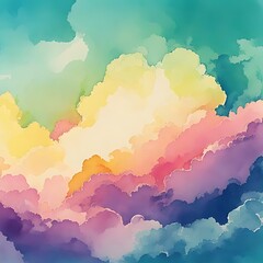Dreamy pastel cloudscape in watercolor style, featuring blends of pink, purple, yellow, blue, green and peach tones