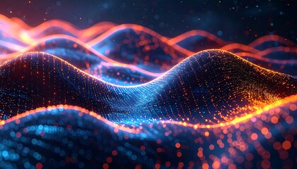 Digital waves of blue and orange particles flowing and undulating in a blurred, abstract, futuristic landscape