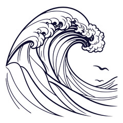 Stylized black and white line art drawing of a large ocean wave